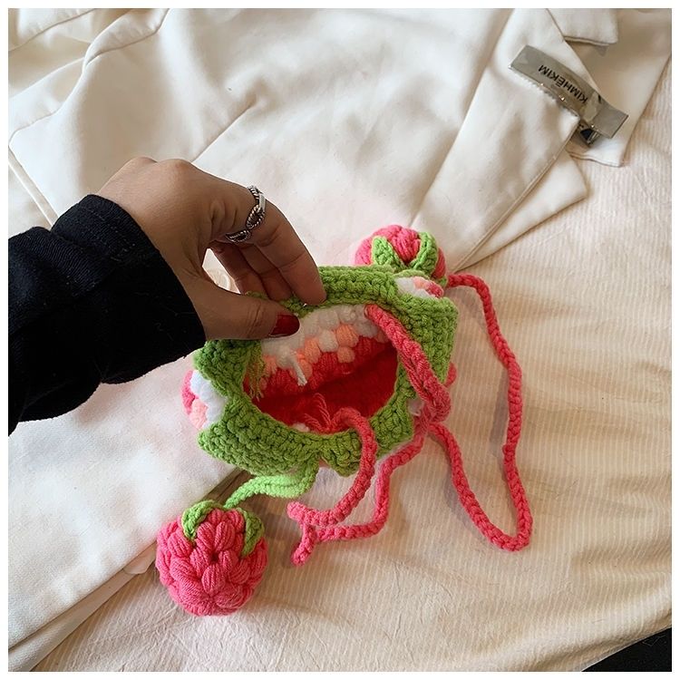Handmade Crochet Strawberry Crossbody Bag – Cute Toddler & Kids Purse with Long Strap, Pink & Rose Red, Fits Phone, Summer Gift - Image 9