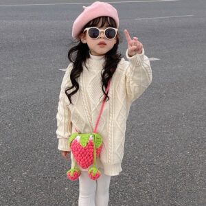 Handmade Crochet Strawberry Crossbody Bag – Cute Toddler & Kids Purse with Long Strap, Pink & Rose Red, Fits Phone, Summer Gift