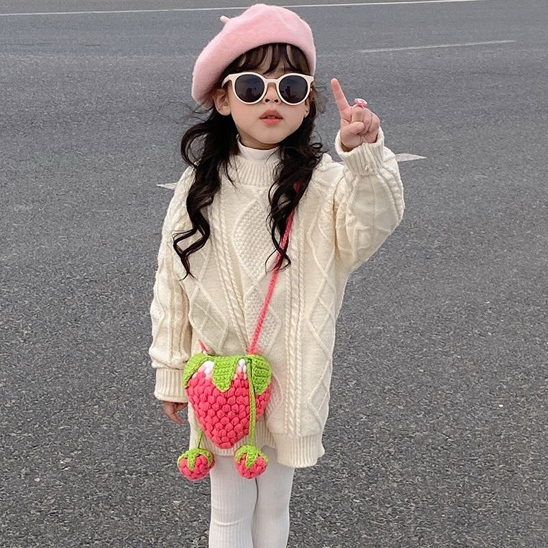 Handmade Crochet Strawberry Crossbody Bag – Cute Toddler & Kids Purse with Long Strap, Pink & Rose Red, Fits Phone, Summer Gift