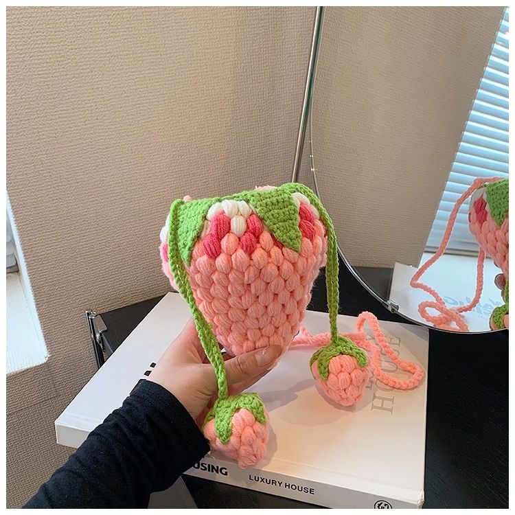 Handmade Crochet Strawberry Crossbody Bag – Cute Toddler & Kids Purse with Long Strap, Pink & Rose Red, Fits Phone, Summer Gift - Image 11