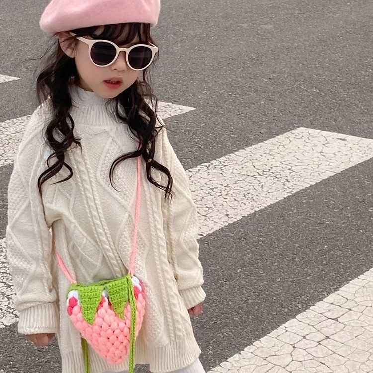 Handmade Crochet Strawberry Crossbody Bag – Cute Toddler & Kids Purse with Long Strap, Pink & Rose Red, Fits Phone, Summer Gift - Image 3