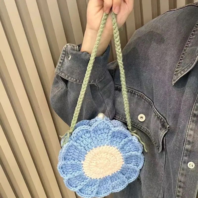 Handmade Crochet Sunflower Crossbody Bag – 17cm Floral Round Purse with Pearl Button, 4 Colors, Cute Mini Bag for Kids & Essentials - Image 2