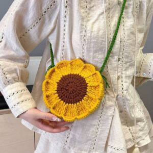 Handmade Crochet Sunflower Crossbody Bag – 17cm Floral Round Purse with Pearl Button, 4 Colors, Cute Mini Bag for Kids & Essentials