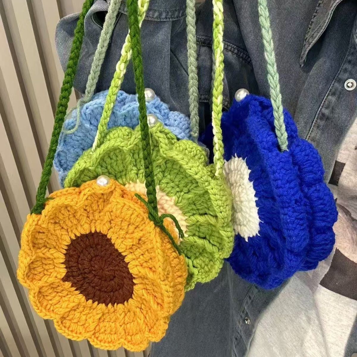 Handmade Crochet Sunflower Crossbody Bag – 17cm Floral Round Purse with Pearl Button, 4 Colors, Cute Mini Bag for Kids & Essentials - Image 5