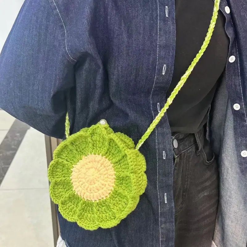 Handmade Crochet Sunflower Crossbody Bag – 17cm Floral Round Purse with Pearl Button, 4 Colors, Cute Mini Bag for Kids & Essentials - Image 7