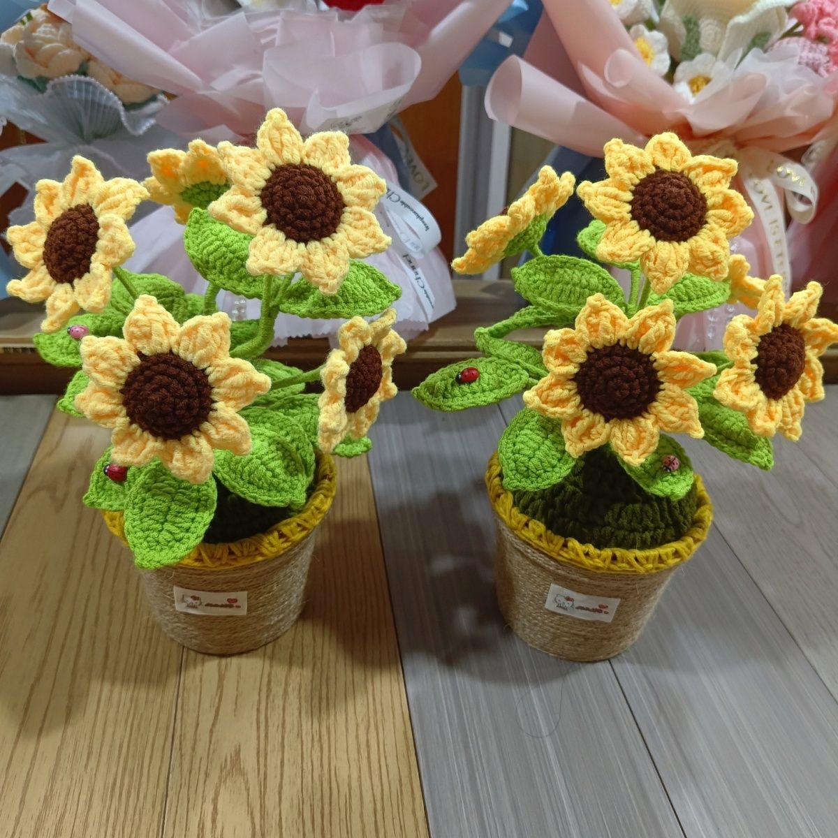Handmade Crochet Sunflower Plant | 30cm Tall with 5 Flowers & 16 Leaves - Image 2