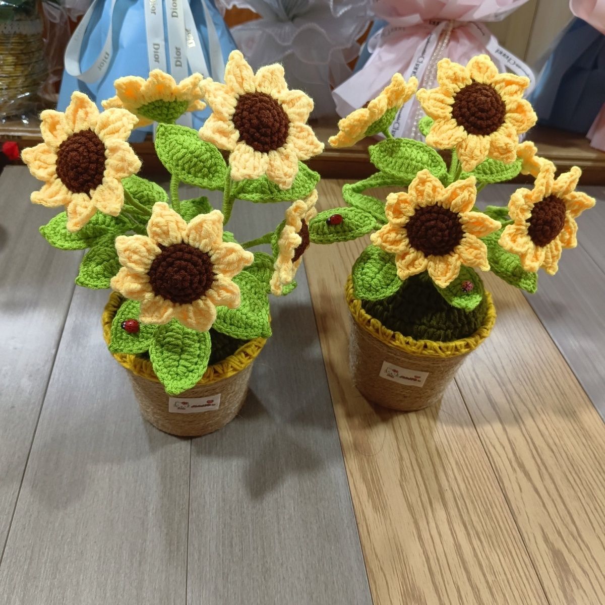 Handmade Crochet Sunflower Plant | 30cm Tall with 5 Flowers & 16 Leaves - Image 3