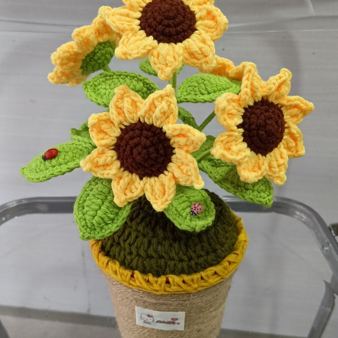 Handmade Crochet Sunflower Plant | 30cm Tall with 5 Flowers & 16 Leaves - Image 4