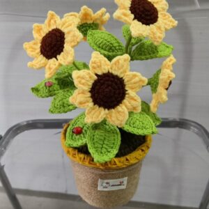 Handmade Crochet Sunflower Plant | 30cm Tall with 5 Flowers & 16 Leaves