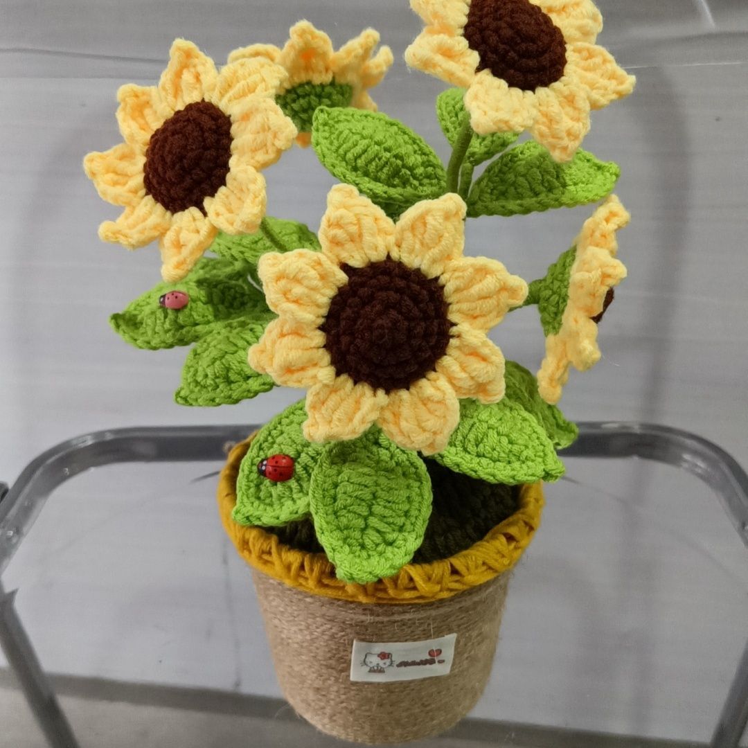 Handmade Crochet Sunflower Plant | 30cm Tall with 5 Flowers & 16 Leaves