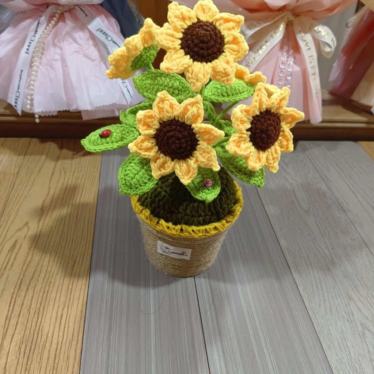 Handmade Crochet Sunflower Plant | 30cm Tall with 5 Flowers & 16 Leaves - Image 6
