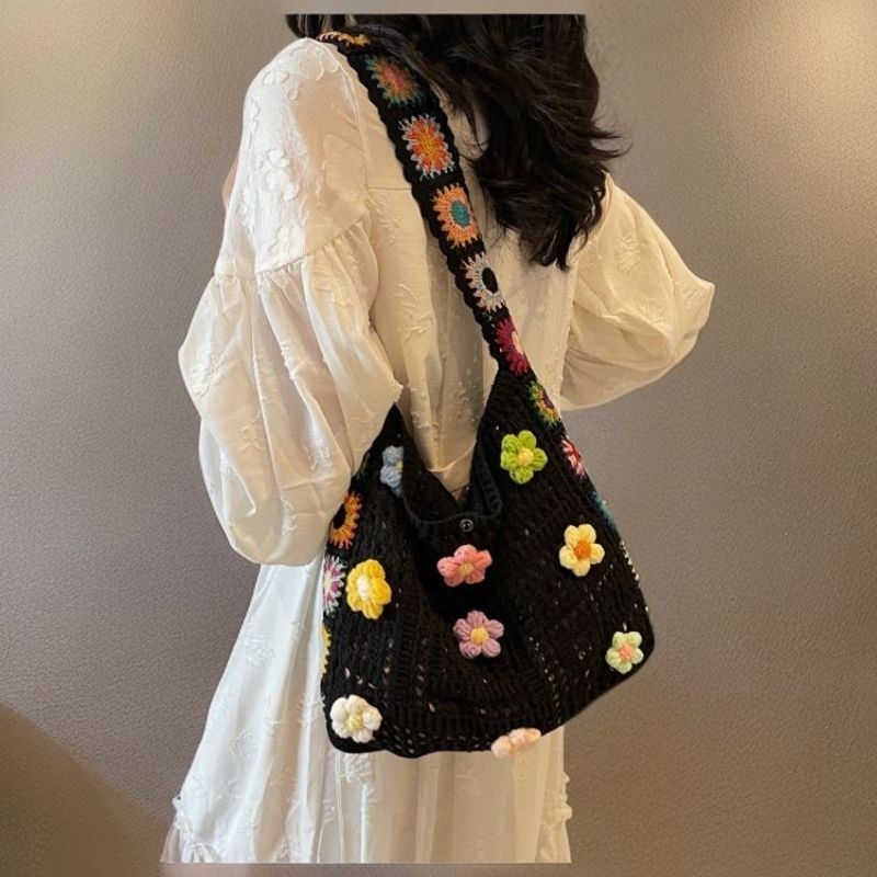 Handmade Crochet Tote Bag | Floral Granny Square Shoulder Bag - Image 9