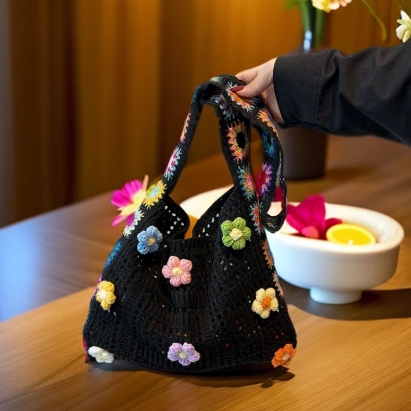 Handmade Crochet Tote Bag | Floral Granny Square Shoulder Bag - Image 8