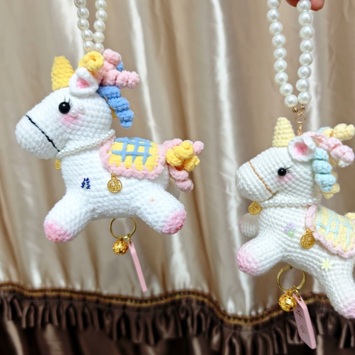 Handmade Crochet Unicorn Keychain | Cute Knitted Unicorn with Pearl Chain & Bell - Image 3
