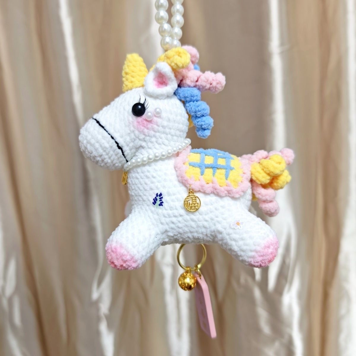 Handmade Crochet Unicorn Keychain | Cute Knitted Unicorn with Pearl Chain & Bell - Image 4