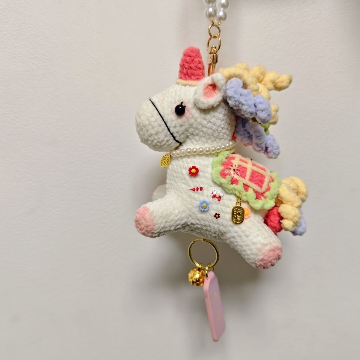 Handmade Crochet Unicorn Keychain | Cute Knitted Unicorn with Pearl Chain & Bell - Image 5