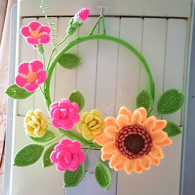 Handmade Crocheted Wall Hanging | Floral Wreath with Sunflower & Roses - Image 2