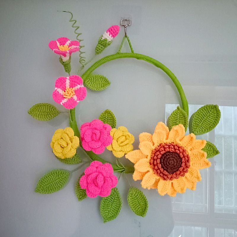 Handmade Crocheted Wall Hanging | Floral Wreath with Sunflower & Roses - Image 3