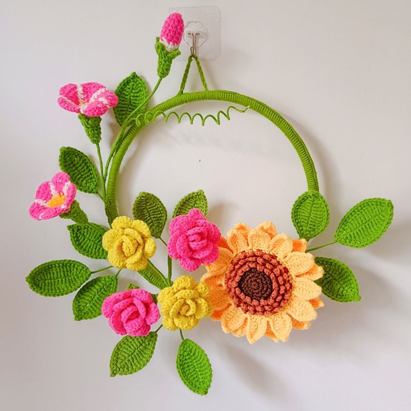 Handmade Crocheted Wall Hanging | Floral Wreath with Sunflower & Roses
