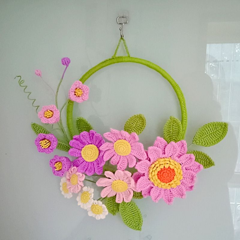 Handmade Crocheted Wall Hanging | Floral Wreath with Sunflower & Roses - Image 4