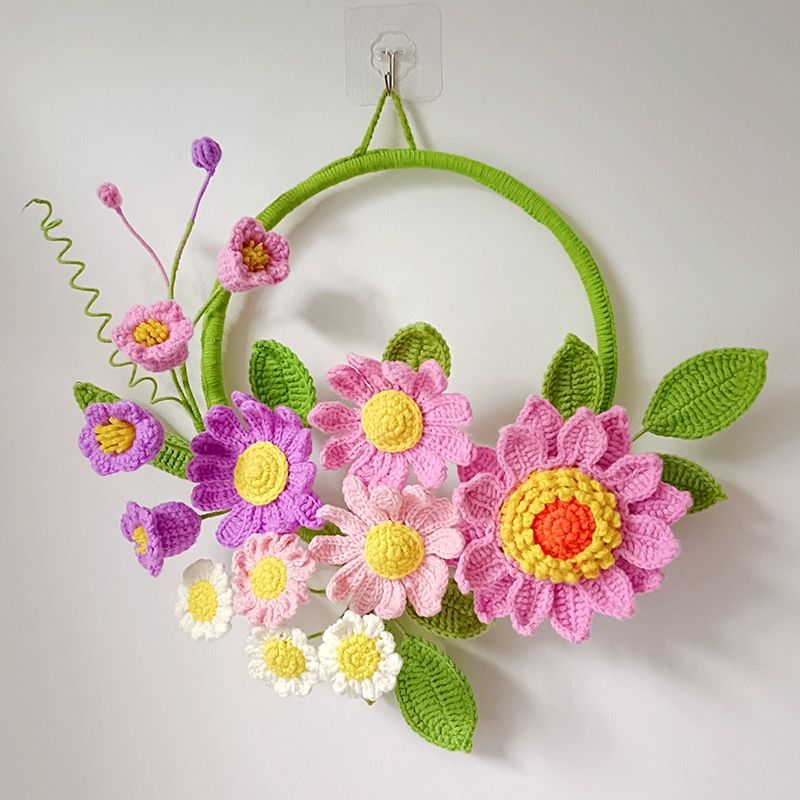 Handmade Crocheted Wall Hanging | Floral Wreath with Sunflower & Roses - Image 5
