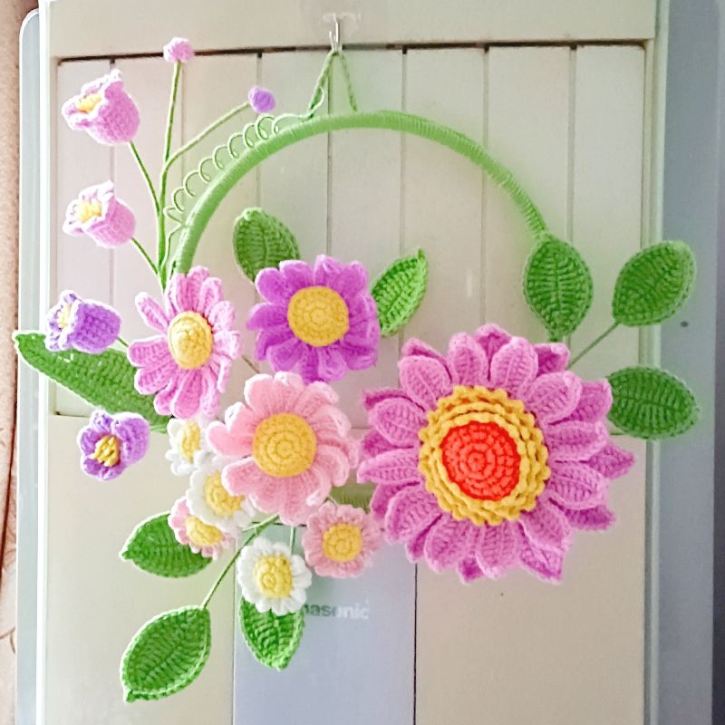 Handmade Crocheted Wall Hanging | Floral Wreath with Sunflower & Roses - Image 6