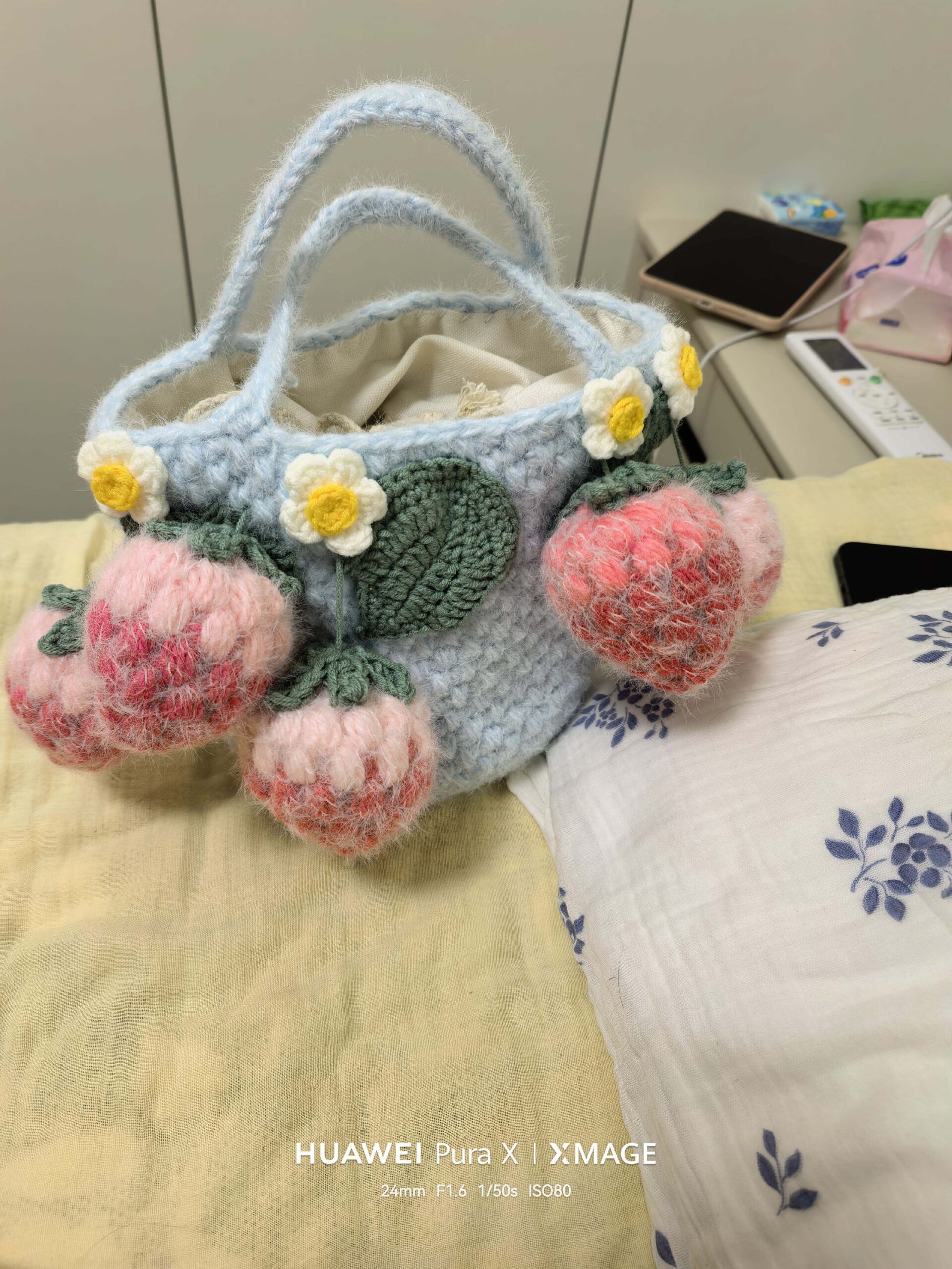 Handmade Fluffy Strawberry Tote Bag – Crochet Fuzzy Handbag with 3D Berries & Daisies, Pink, Blue & Lime Green, Cute Cottagecore Bag - Image 12