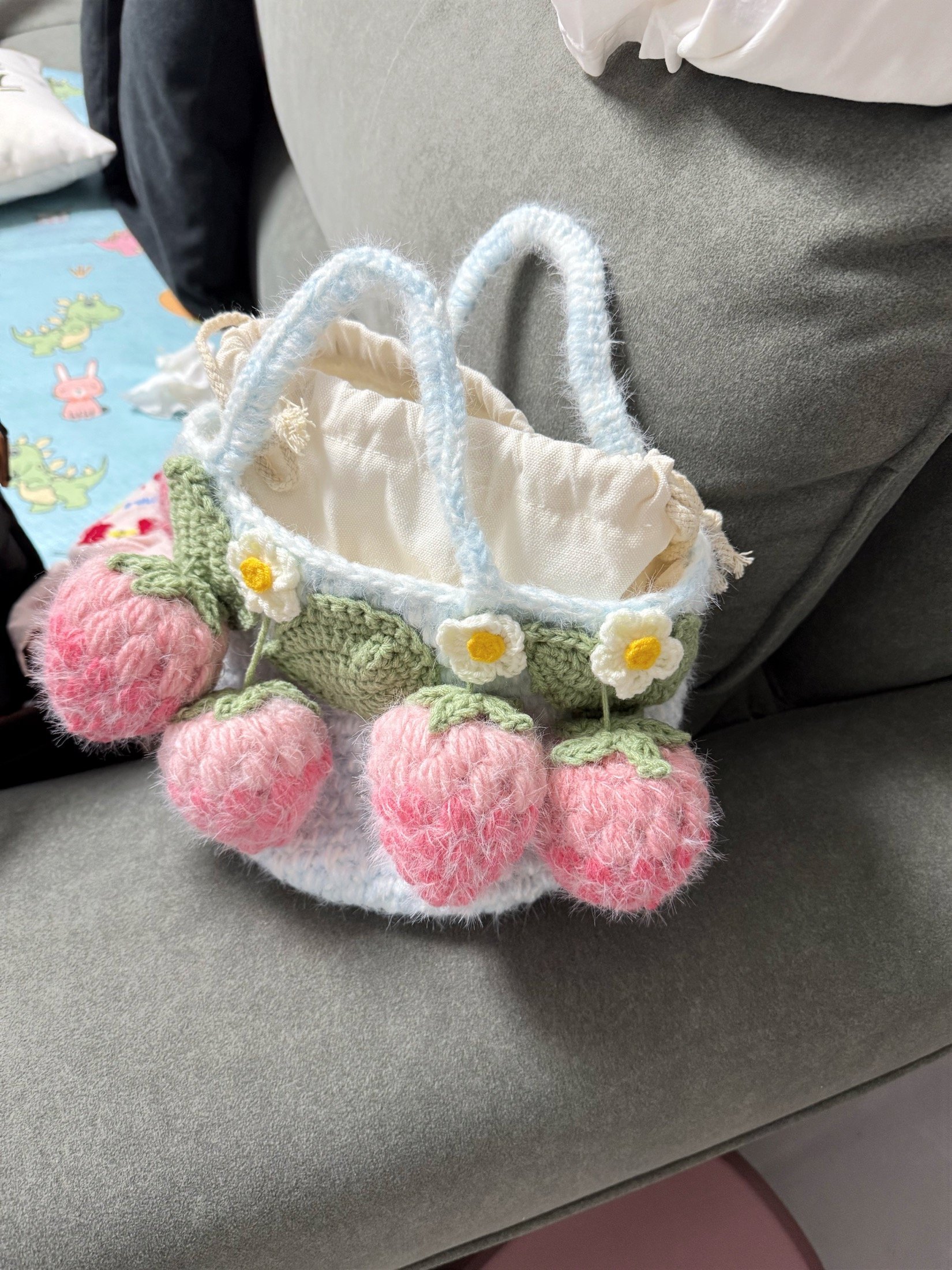 Handmade Fluffy Strawberry Tote Bag – Crochet Fuzzy Handbag with 3D Berries & Daisies, Pink, Blue & Lime Green, Cute Cottagecore Bag - Image 13