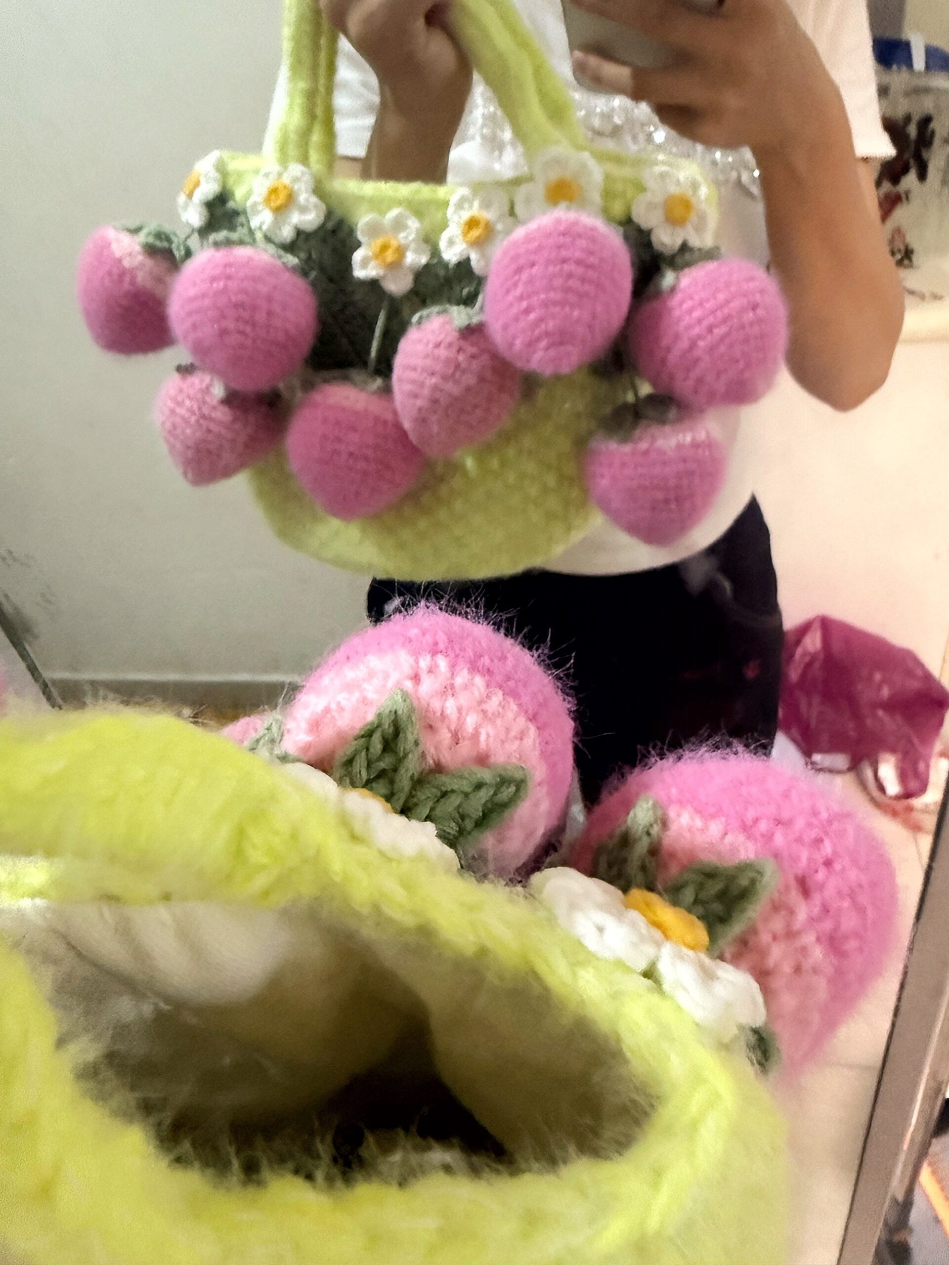 Handmade Fluffy Strawberry Tote Bag – Crochet Fuzzy Handbag with 3D Berries & Daisies, Pink, Blue & Lime Green, Cute Cottagecore Bag - Image 14