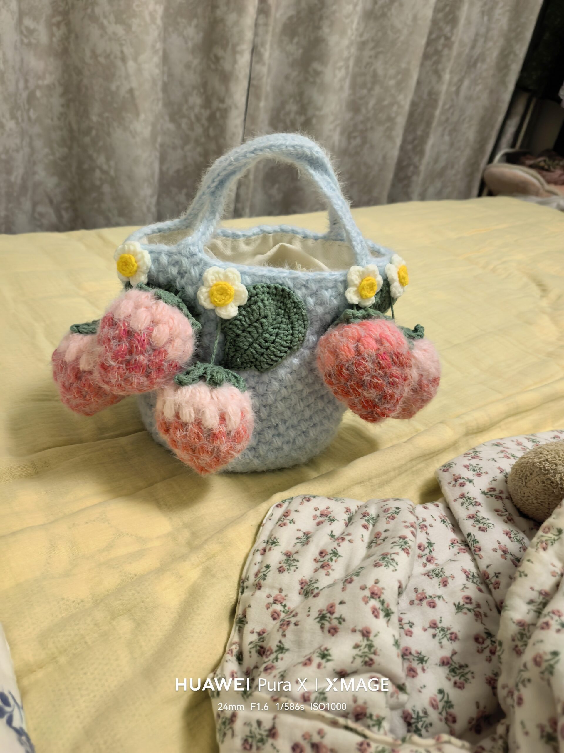 Handmade Fluffy Strawberry Tote Bag – Crochet Fuzzy Handbag with 3D Berries & Daisies, Pink, Blue & Lime Green, Cute Cottagecore Bag - Image 15