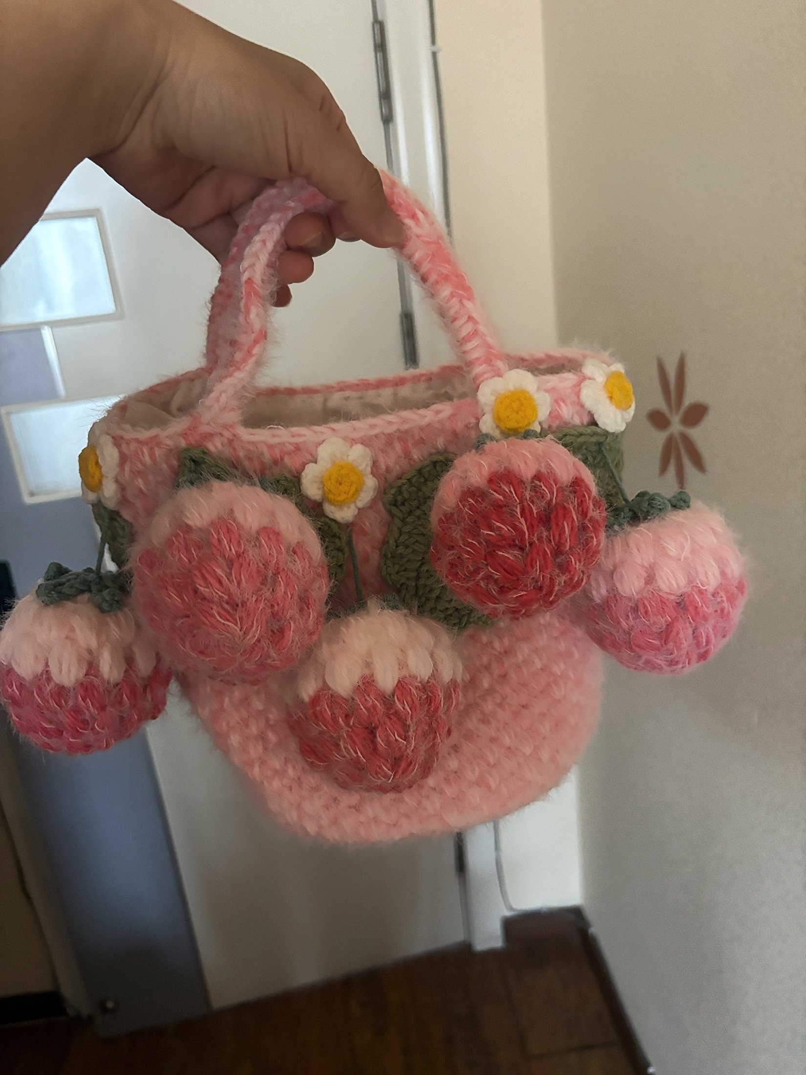 Handmade Fluffy Strawberry Tote Bag – Crochet Fuzzy Handbag with 3D Berries & Daisies, Pink, Blue & Lime Green, Cute Cottagecore Bag - Image 16