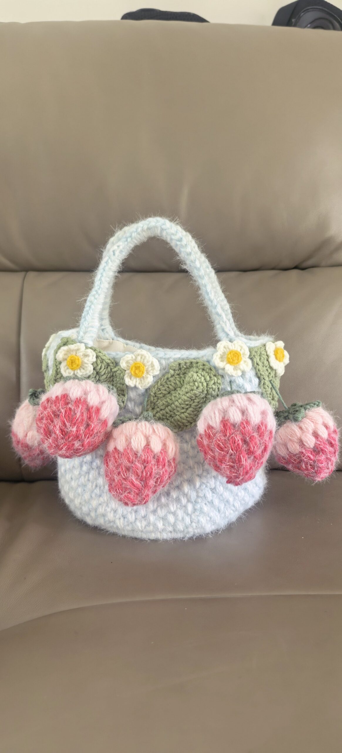 Handmade Fluffy Strawberry Tote Bag – Crochet Fuzzy Handbag with 3D Berries & Daisies, Pink, Blue & Lime Green, Cute Cottagecore Bag - Image 17