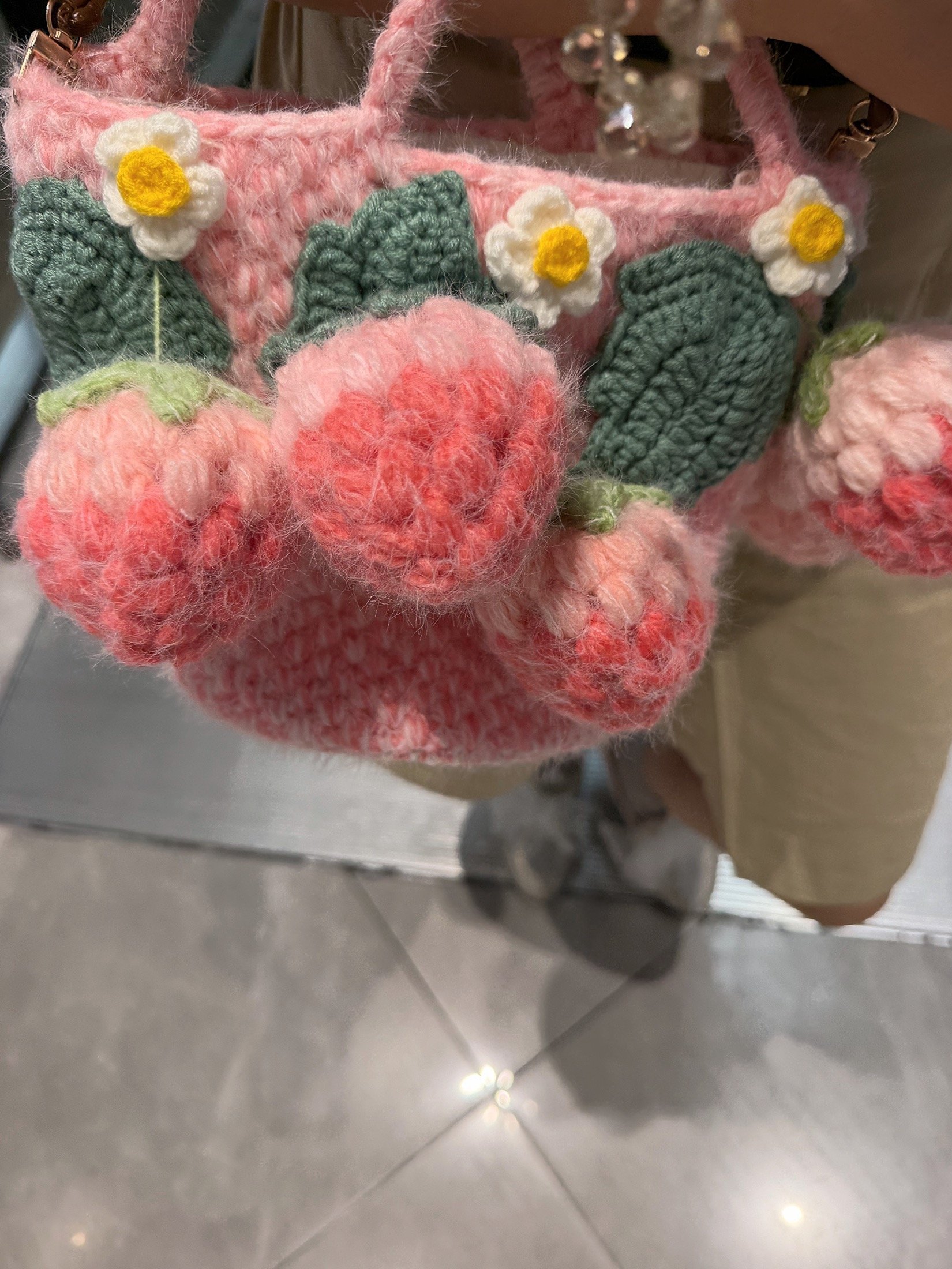 Handmade Fluffy Strawberry Tote Bag – Crochet Fuzzy Handbag with 3D Berries & Daisies, Pink, Blue & Lime Green, Cute Cottagecore Bag - Image 18