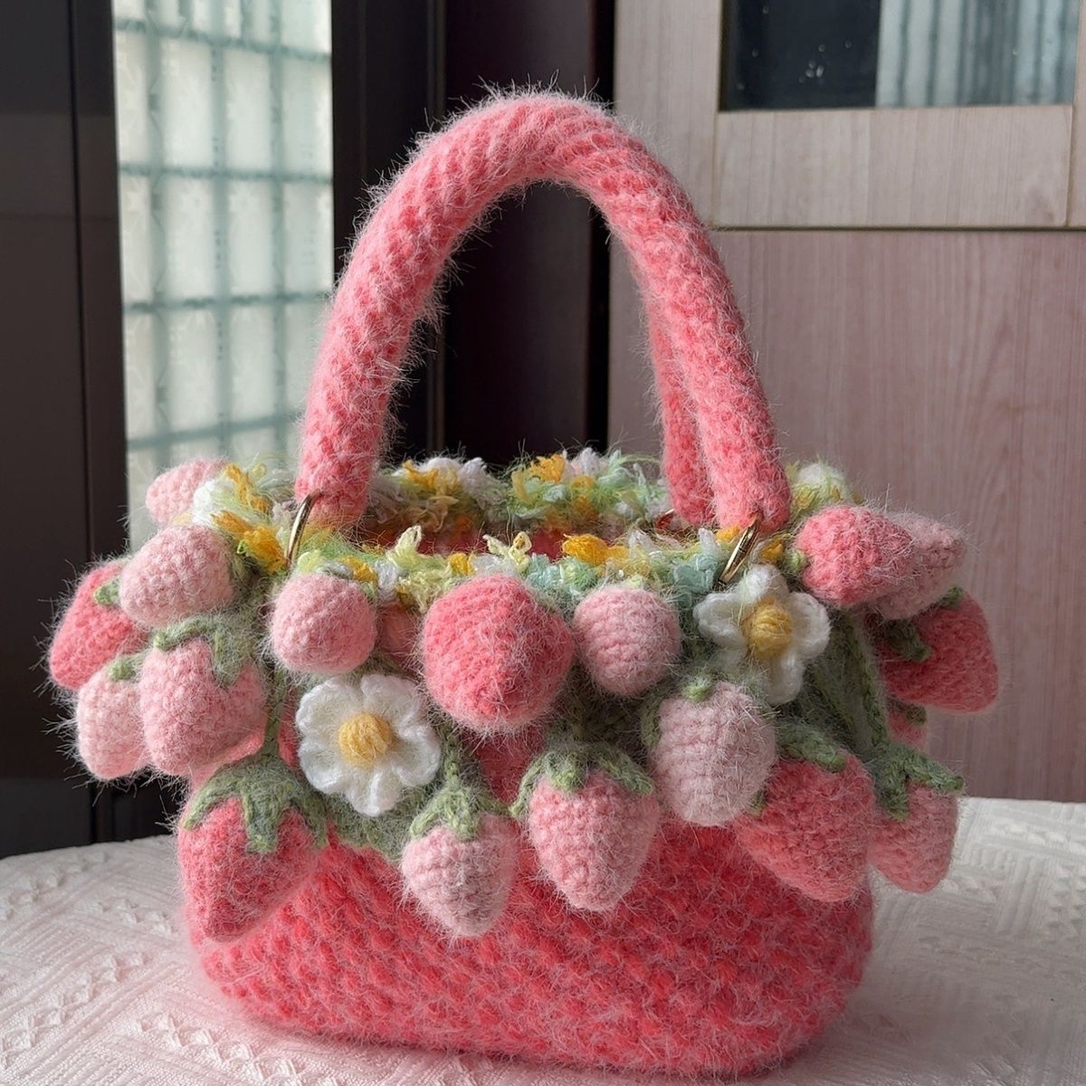 Handmade Pink Fuzzy Strawberry Bag – Crochet Fluffy Tote with 30 Berries & Daisies, Cute Cottagecore Handbag, Lined or Unlined Option - Image 6