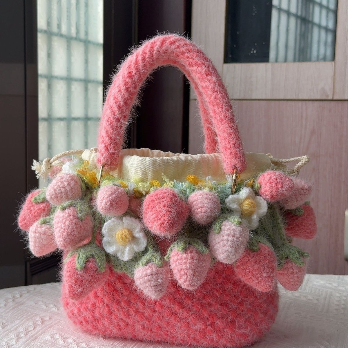 Handmade Pink Fuzzy Strawberry Bag – Crochet Fluffy Tote with 30 Berries & Daisies, Cute Cottagecore Handbag, Lined or Unlined Option - Image 5