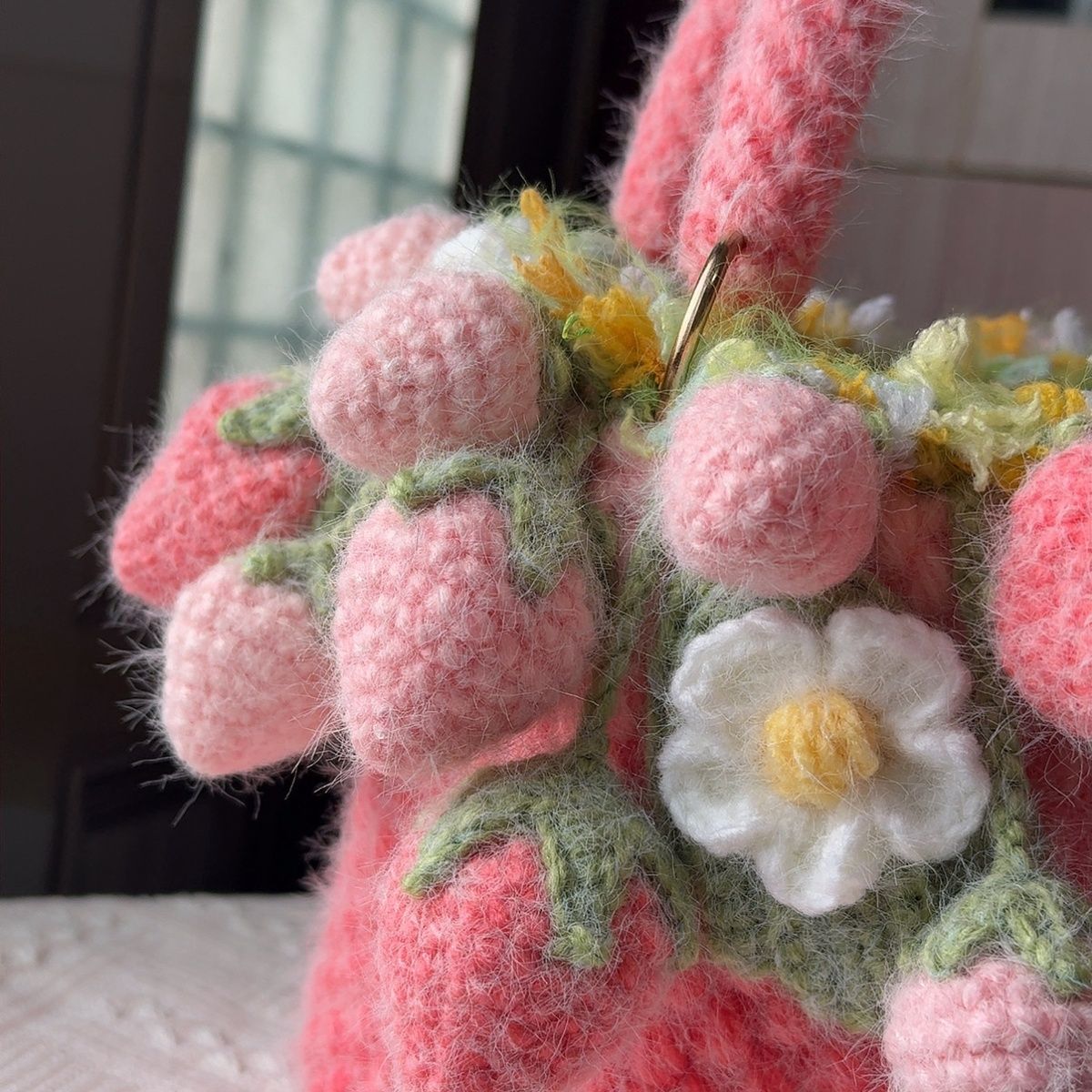 Handmade Pink Fuzzy Strawberry Bag – Crochet Fluffy Tote with 30 Berries & Daisies, Cute Cottagecore Handbag, Lined or Unlined Option - Image 3