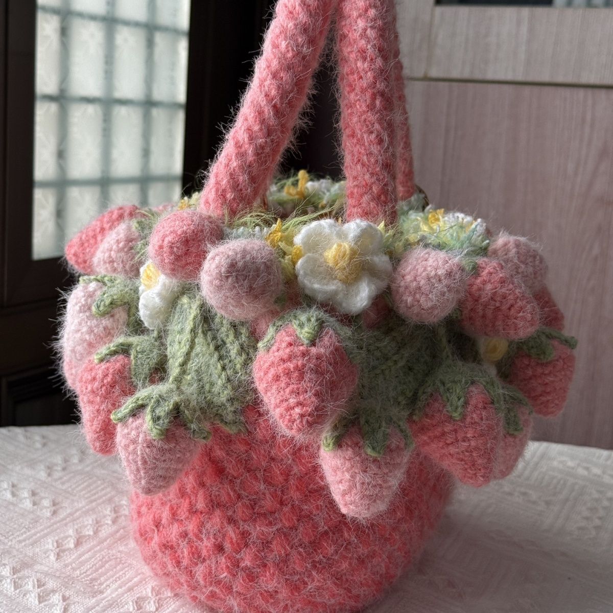 Handmade Pink Fuzzy Strawberry Bag – Crochet Fluffy Tote with 30 Berries & Daisies, Cute Cottagecore Handbag, Lined or Unlined Option - Image 7