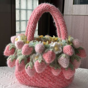Handmade Pink Fuzzy Strawberry Bag – Crochet Fluffy Tote with 30 Berries & Daisies, Cute Cottagecore Handbag, Lined or Unlined Option