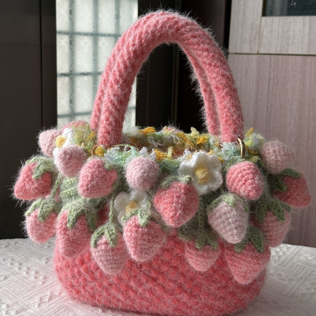 Handmade Pink Fuzzy Strawberry Bag – Crochet Fluffy Tote with 30 Berries & Daisies, Cute Cottagecore Handbag, Lined or Unlined Option