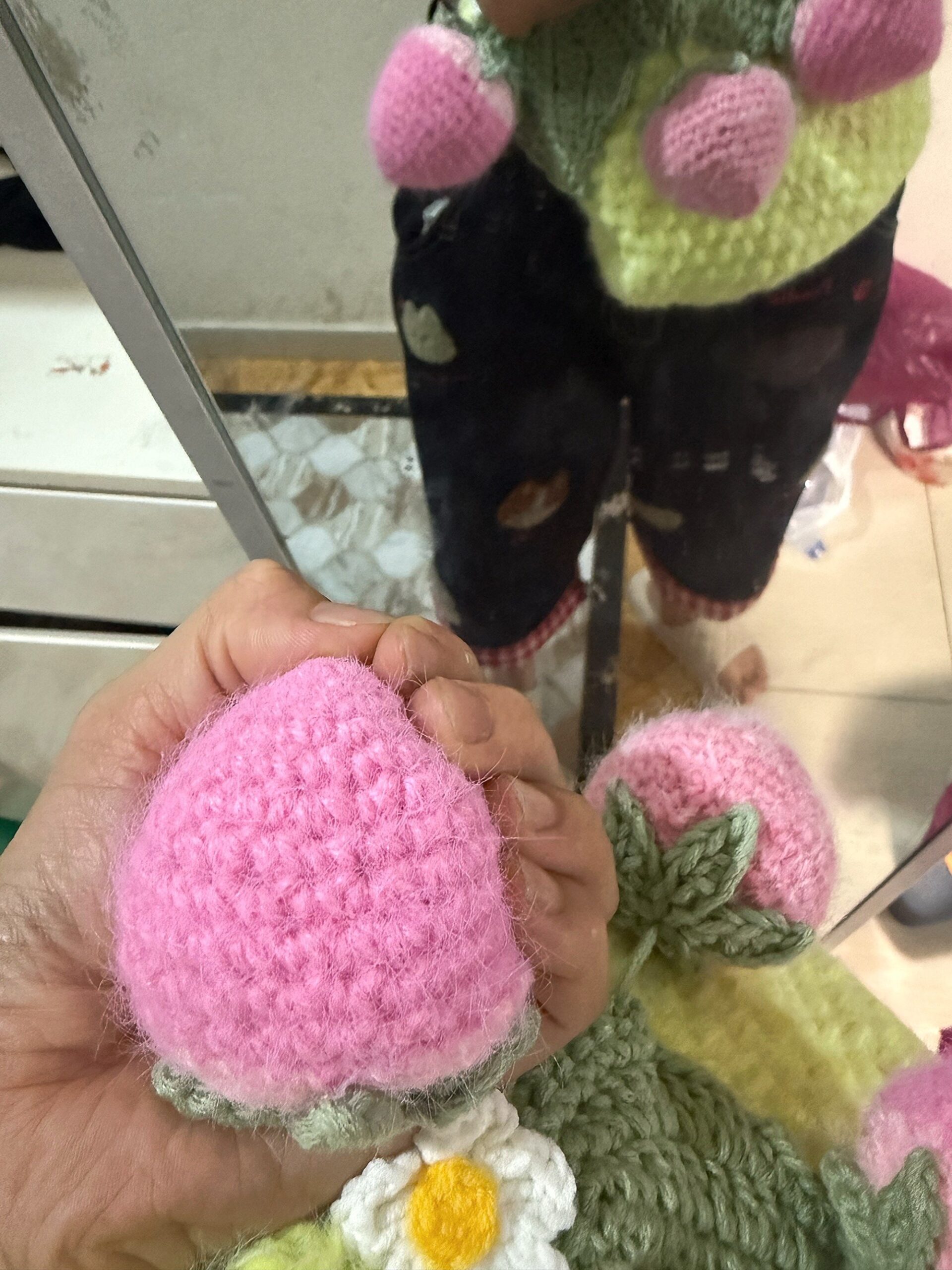 Handmade Fluffy Strawberry Tote Bag – Crochet Fuzzy Handbag with 3D Berries & Daisies, Pink, Blue & Lime Green, Cute Cottagecore Bag - Image 6