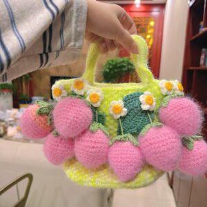 Handmade Fluffy Strawberry Tote Bag – Crochet Fuzzy Handbag with 3D Berries & Daisies, Pink, Blue & Lime Green, Cute Cottagecore Bag