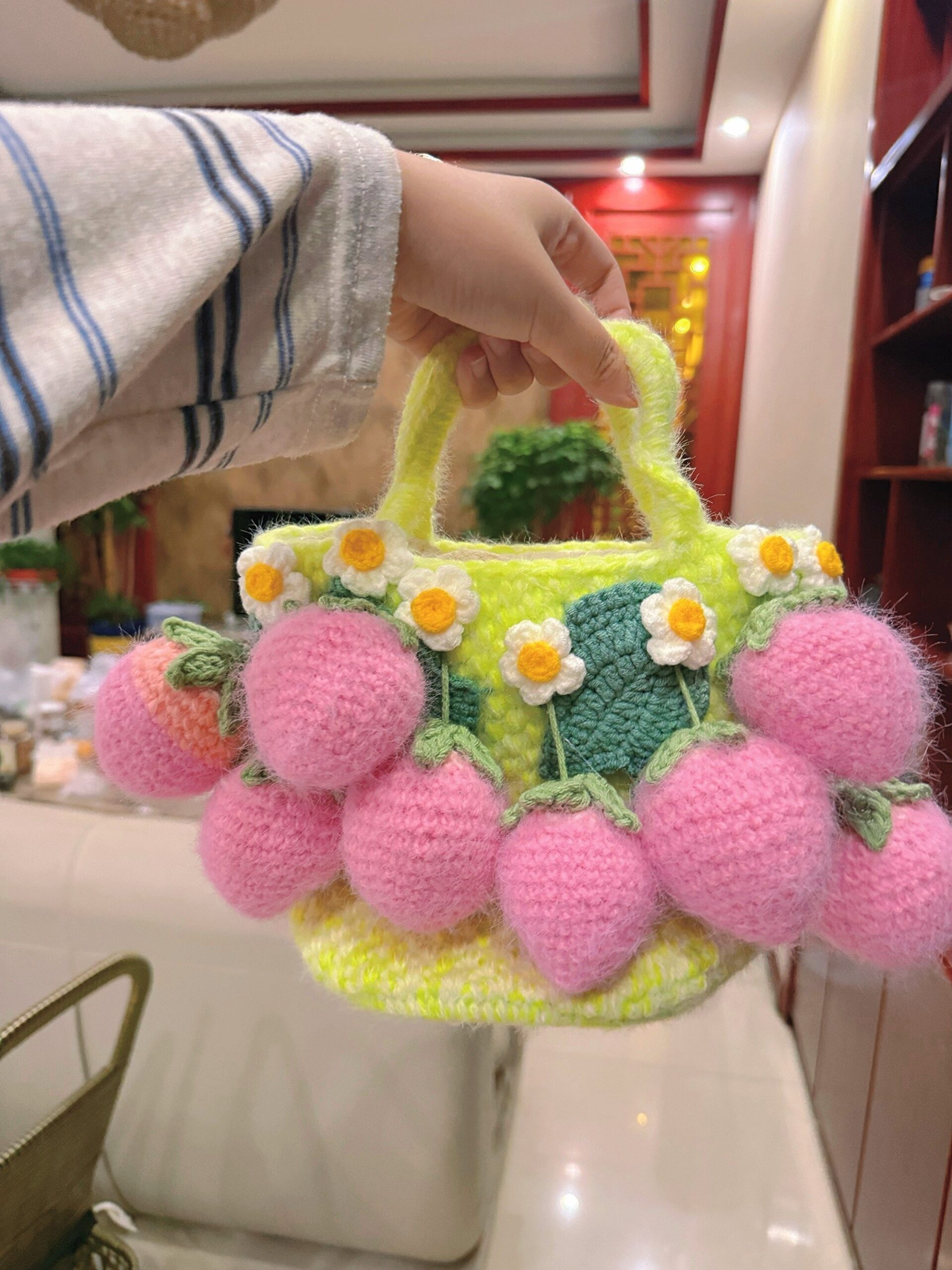 Handmade Fluffy Strawberry Tote Bag – Crochet Fuzzy Handbag with 3D Berries & Daisies, Pink, Blue & Lime Green, Cute Cottagecore Bag