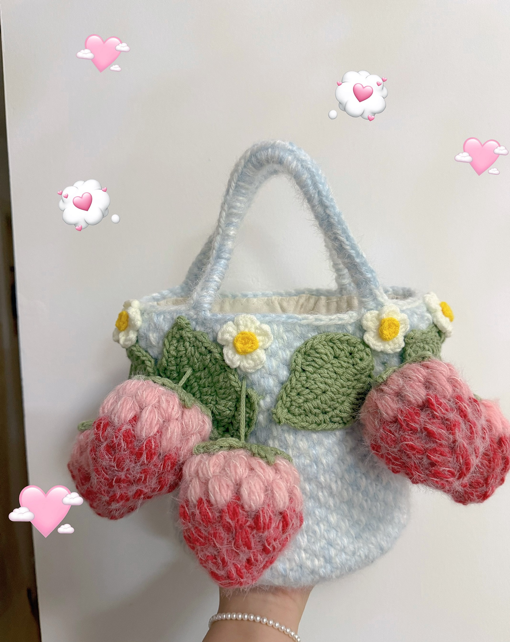 Handmade Fluffy Strawberry Tote Bag – Crochet Fuzzy Handbag with 3D Berries & Daisies, Pink, Blue & Lime Green, Cute Cottagecore Bag - Image 11