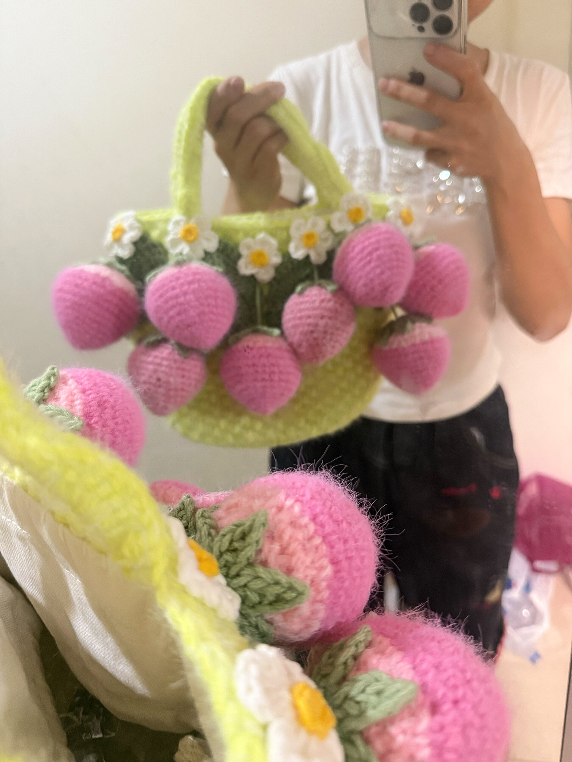 Handmade Fluffy Strawberry Tote Bag – Crochet Fuzzy Handbag with 3D Berries & Daisies, Pink, Blue & Lime Green, Cute Cottagecore Bag - Image 2