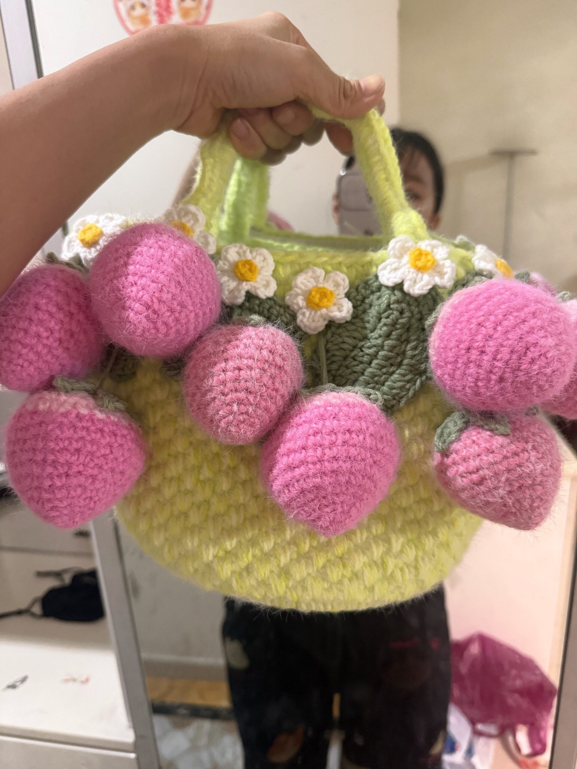 Handmade Fluffy Strawberry Tote Bag – Crochet Fuzzy Handbag with 3D Berries & Daisies, Pink, Blue & Lime Green, Cute Cottagecore Bag - Image 3