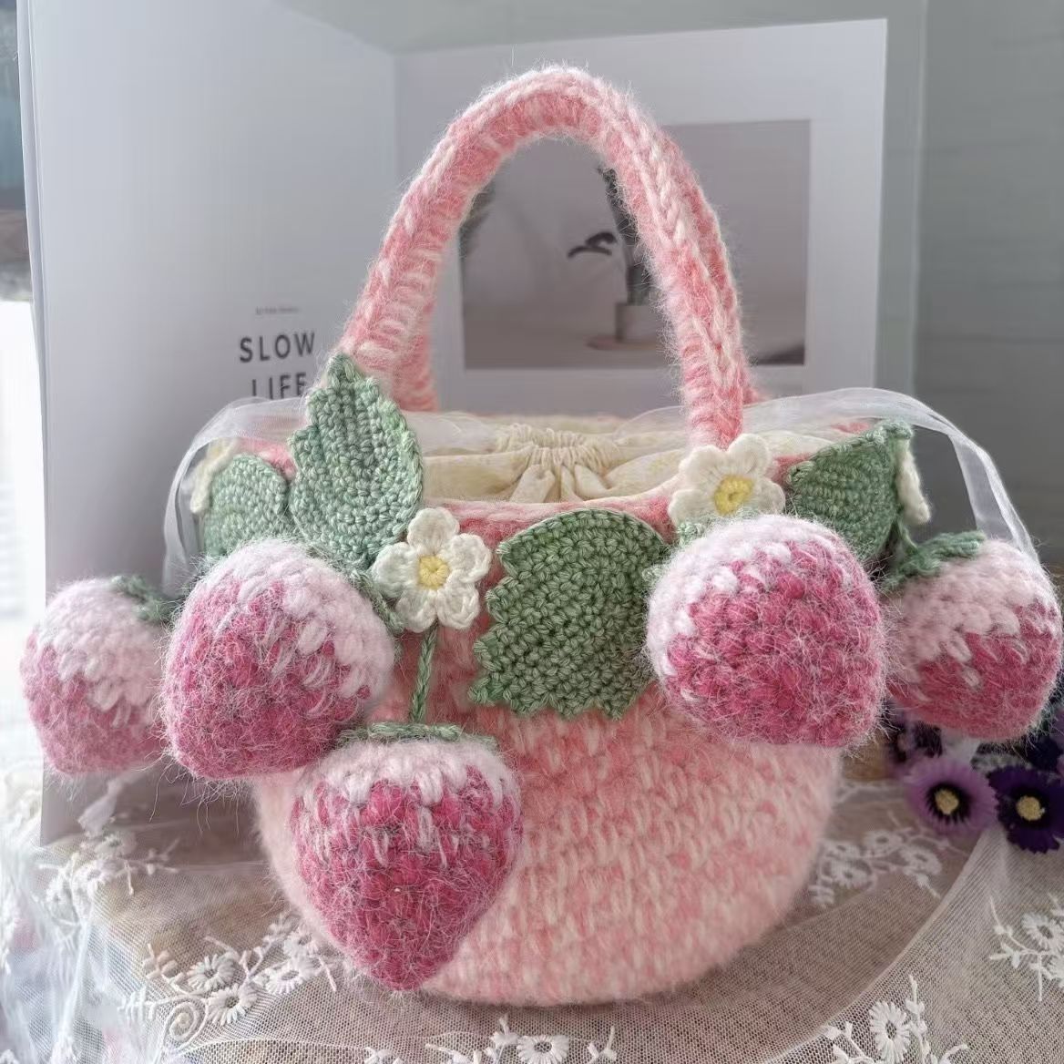 Handmade Fluffy Strawberry Tote Bag – Crochet Fuzzy Handbag with 3D Berries & Daisies, Pink, Blue & Lime Green, Cute Cottagecore Bag - Image 8