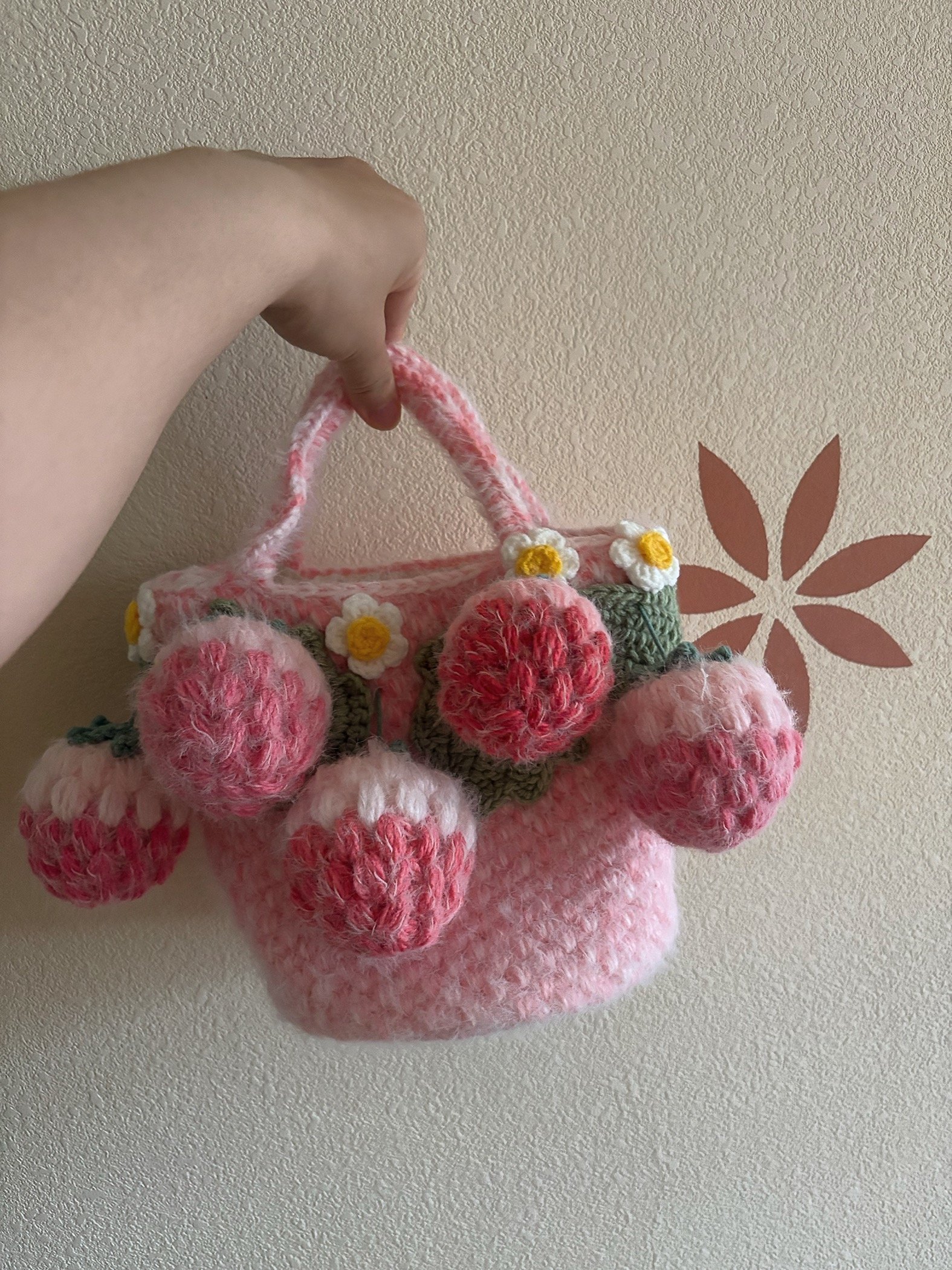 Handmade Fluffy Strawberry Tote Bag – Crochet Fuzzy Handbag with 3D Berries & Daisies, Pink, Blue & Lime Green, Cute Cottagecore Bag - Image 7