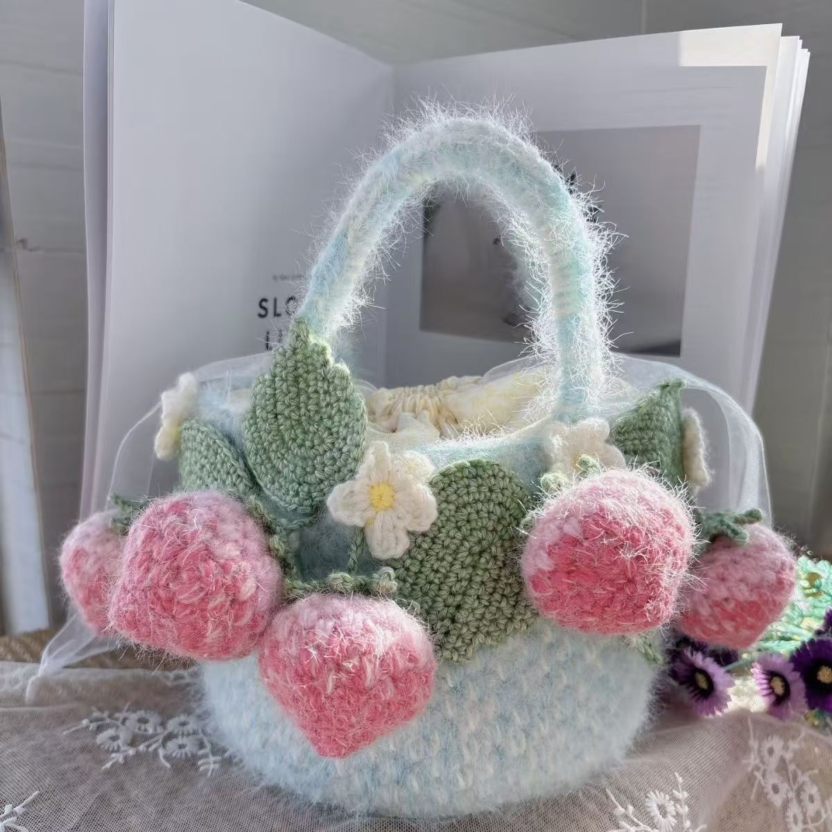 Handmade Fluffy Strawberry Tote Bag – Crochet Fuzzy Handbag with 3D Berries & Daisies, Pink, Blue & Lime Green, Cute Cottagecore Bag - Image 10