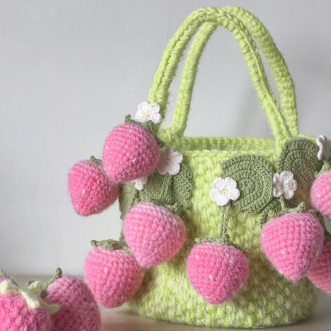 Handmade Fluffy Strawberry Tote Bag – Crochet Fuzzy Handbag with 3D Berries & Daisies, Pink, Blue & Lime Green, Cute Cottagecore Bag - Image 5