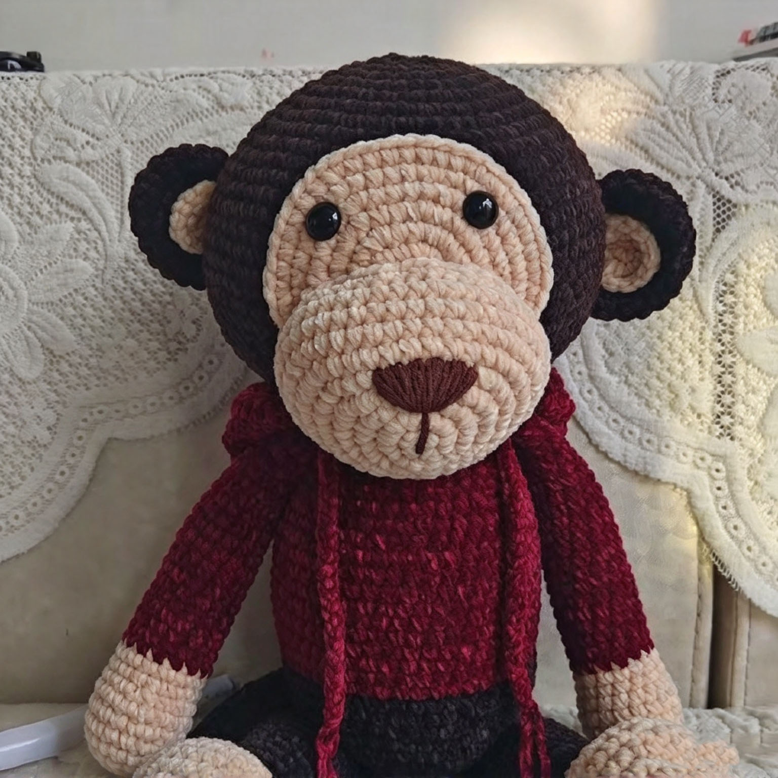 Large Handmade Crochet Monkey Plush | Big Mouth Monkey with Sweater - Image 3